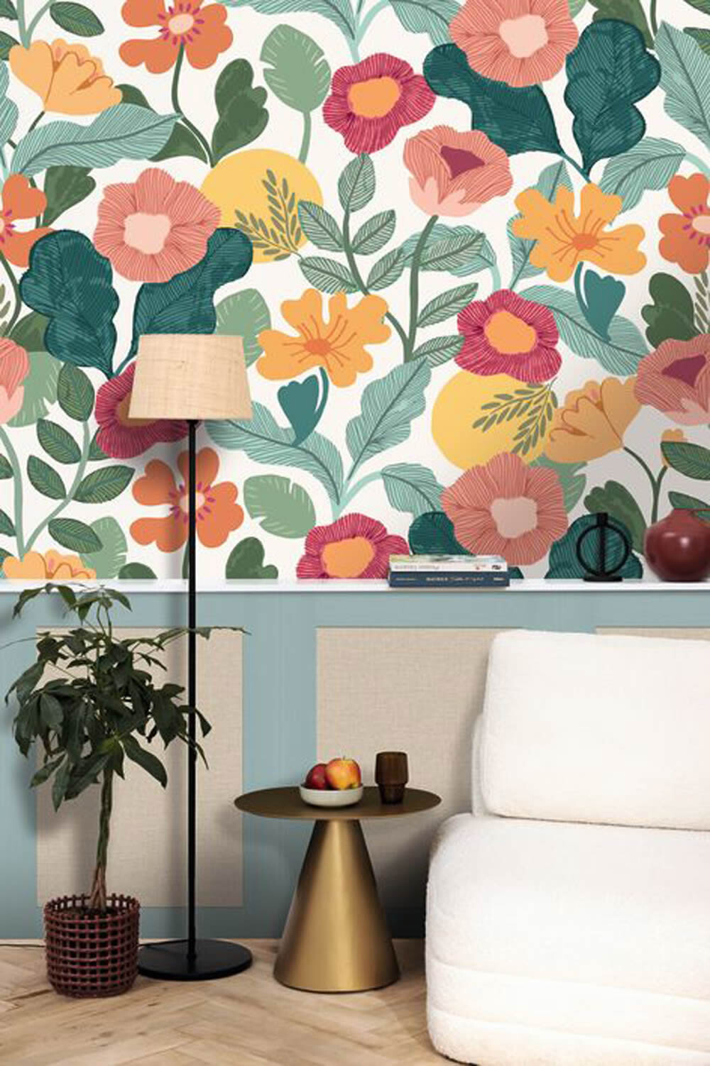 Wandbild L Blumenranken große Blüten bunt orange grün gelb PMW104667604