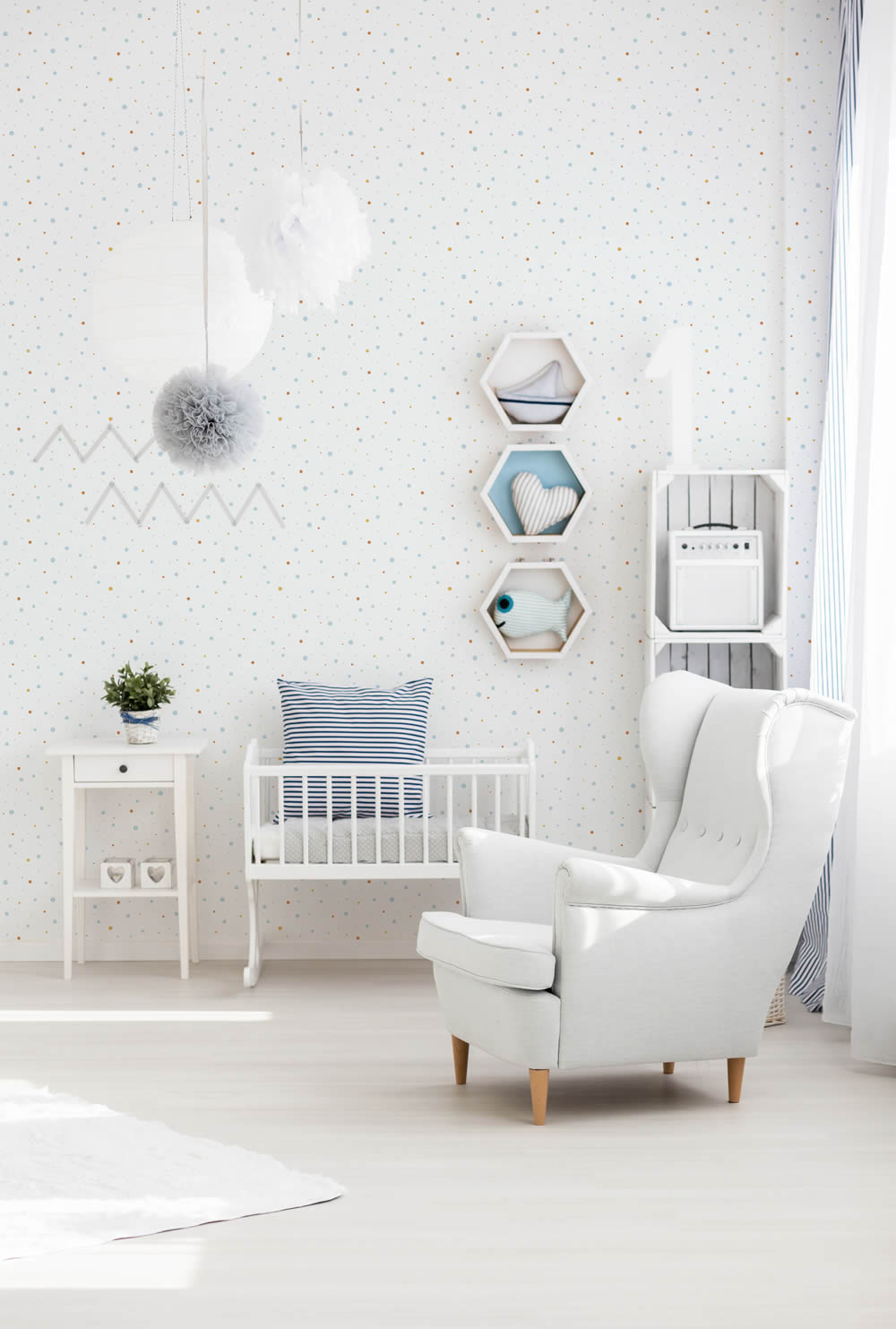 confetti non-woven wallpaper white, orange and blue Little Love AS Creation 381162-8-381162.1M
