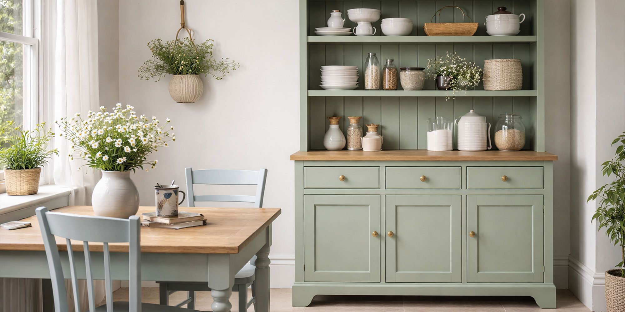 Ein alter Holzschrank in einer Landhausküche der farblich gestrichen wurde.