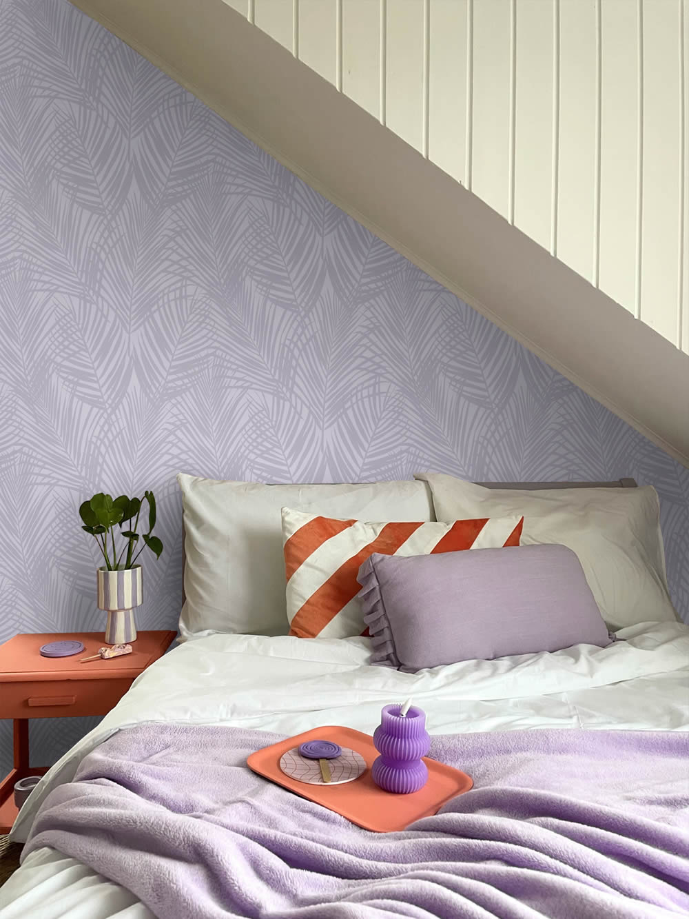 Non-woven wallpaper with fern leaves minimalist purple 139573