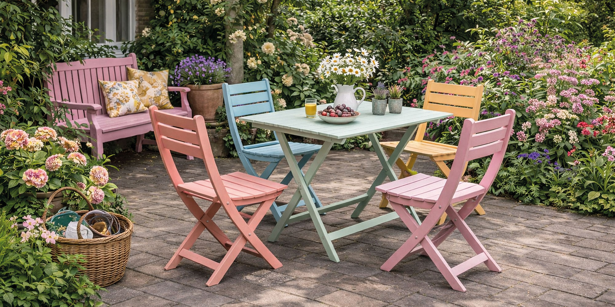 Holzgartenmöbel auf einer Terrasse die in bunten Farben gestrichen wurden.