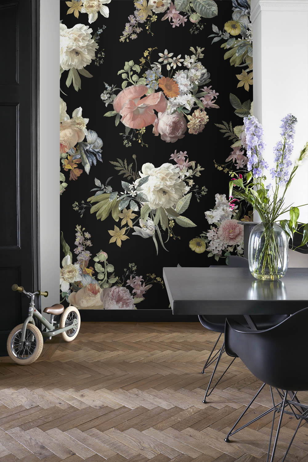 Wandbild Vintage Blumenmuster schwarz 200 x 279 cm 159218