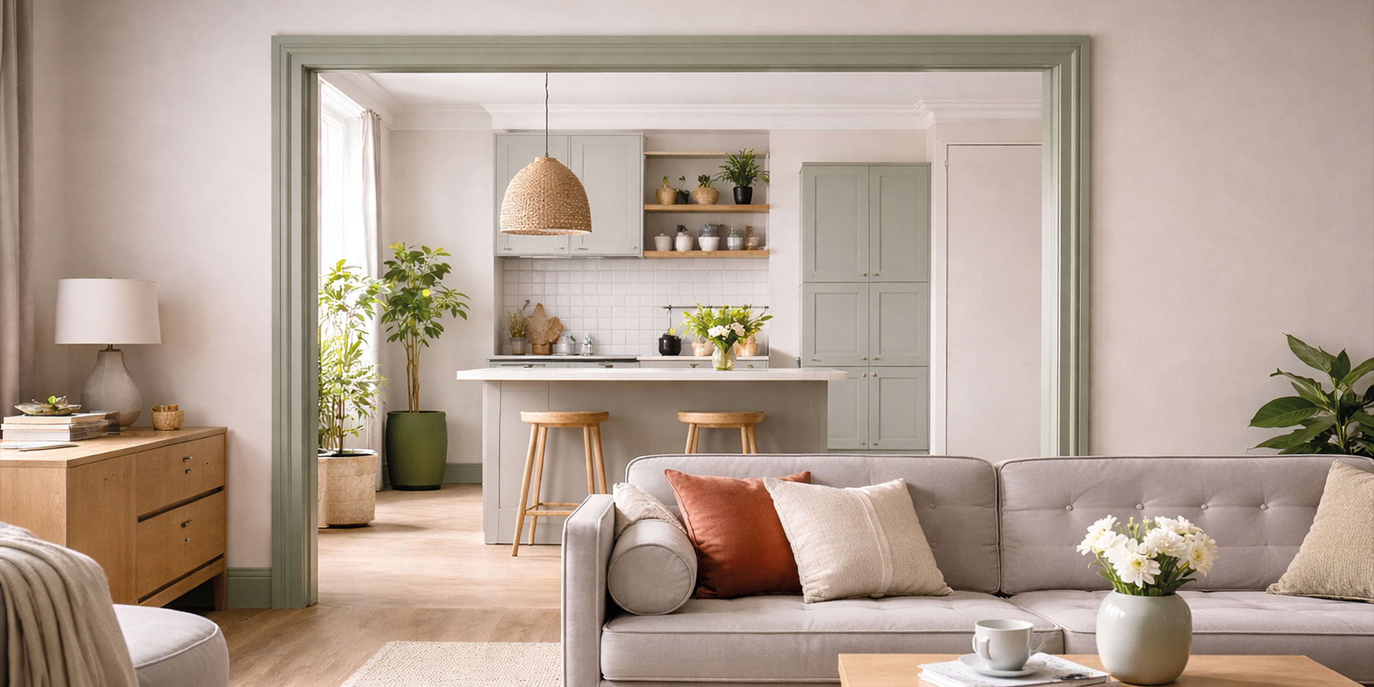 Ein Wohnzimmer mit einem breiten Durchgang wo die Türzargen farblich gestrichen sind.