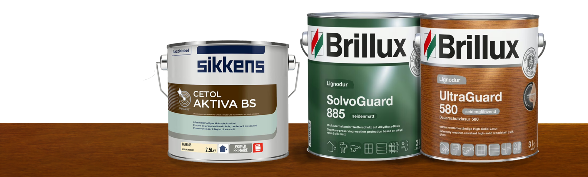 Holzschutz Produkte Sikkens Cetol Aktiva BS sowie Brillux SolvoGuard 885 und UltraGuard 580 auf Holz