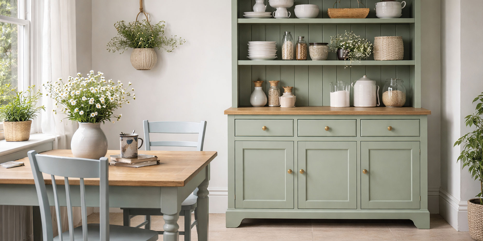 Eine Landhausküche mit einem Holzschrank der farblich gestrichen wurde.