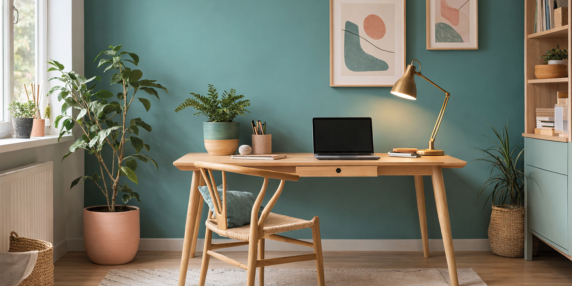 Eine türkisfarbene Wand in einem Arbeitszimmer mit einem Schreibtisch aus Holz.