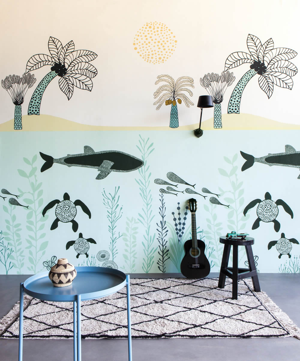 Wandbild Fische Wale Schildkröte Strand Unterwasser Palmen Blau weiß 557466