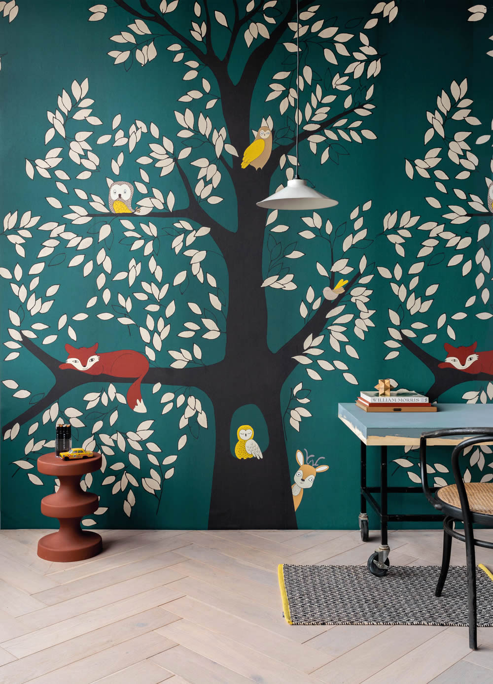 Wandbild Fuchs Eulen Reh Baum Waldtiere Petrolblau 557770