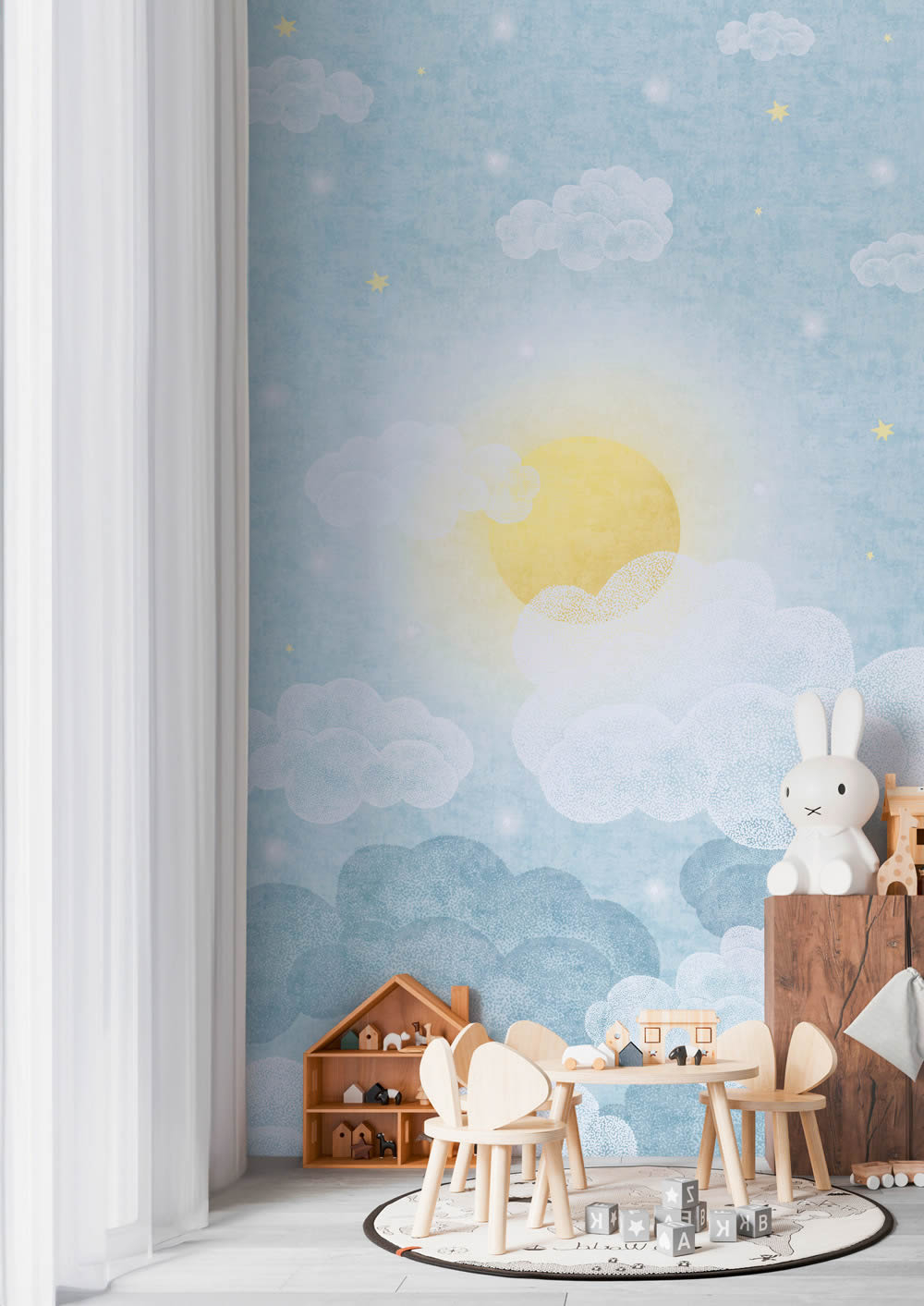 Wandbild Vlies Sonne Mond und Sterne Wolkenhimmel blau 770641-8-770641