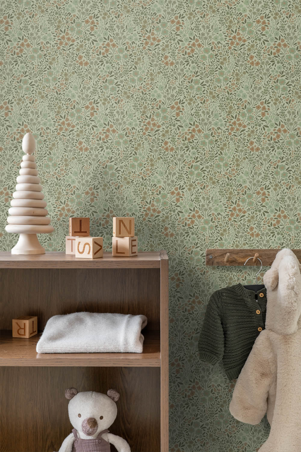 Non-woven wallpaper with small green flowers 139699
