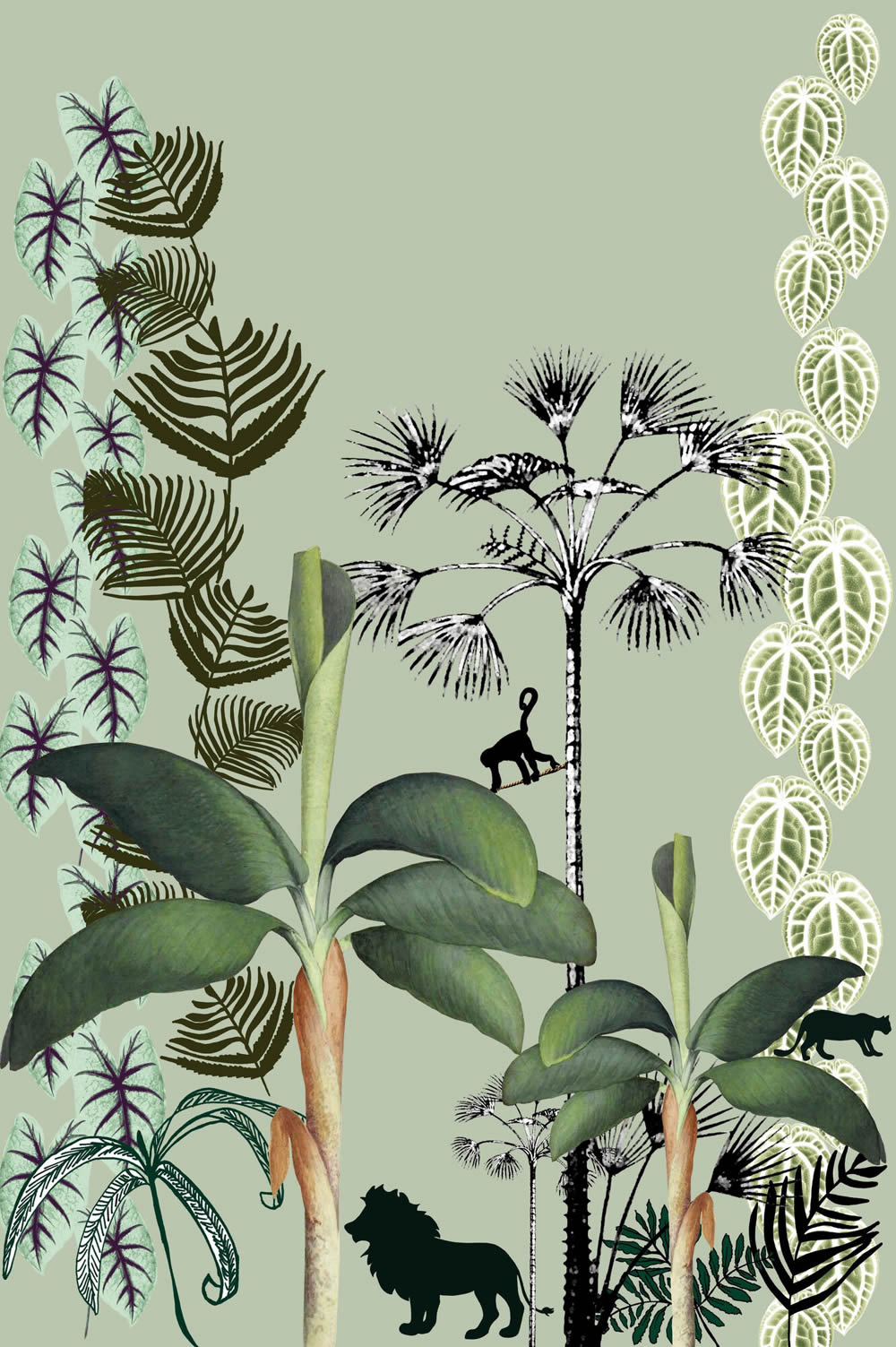 Wandbild Tiere Urwald Löwen Affen Jungle hellgrün 557688