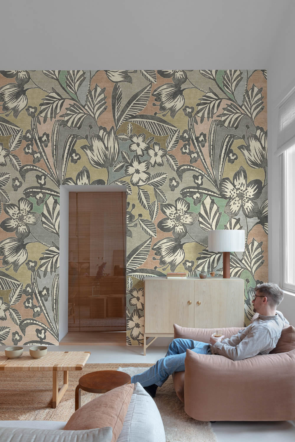 Wandbild 159 x 280 cm gezeichnete Blumen Blätter pastell ML4501