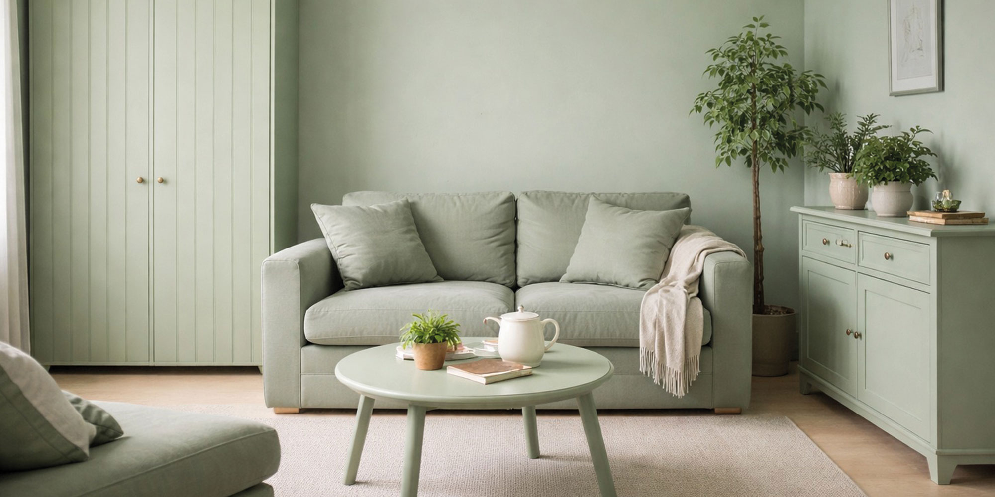 Ein Wohnzimmer wo die Schränke und der Couchtisch passend zur Wandfarbe gestrichen wurden.