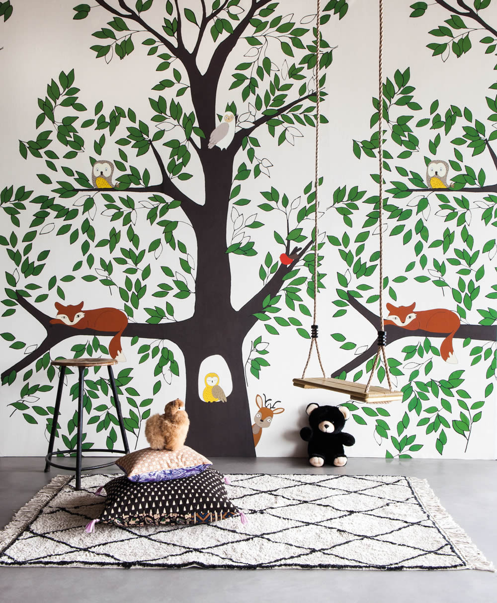 Wandbild Baum Waldtiere Fuchs Reh Vögel Blätter beige 557756