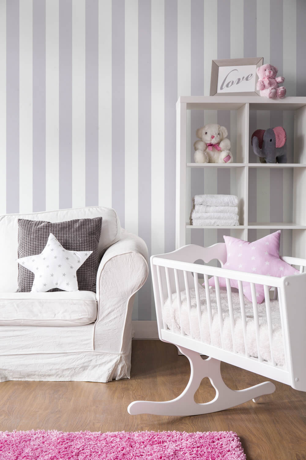 wide bars non-woven wallpaper white and lilac Little Love AS Creation 381484