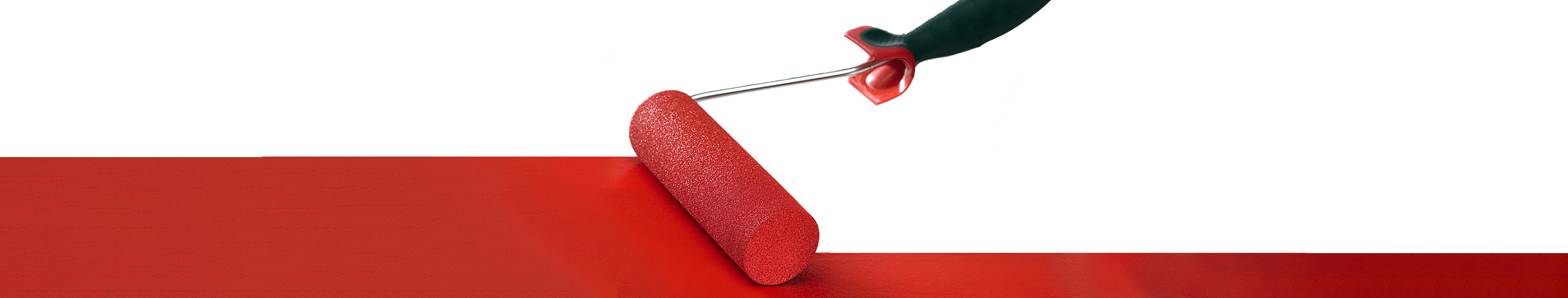 Lackrolle trägt roten Lack auf, Detailaufnahme für Lackierarbeiten