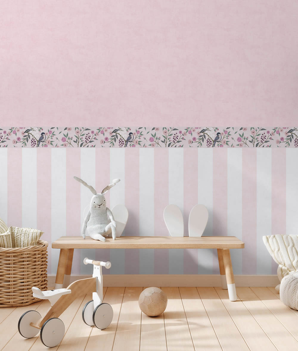 Bordüre Kirschblüten Vögel Blumen Vlies glatt zart rosa 771371-8-771371