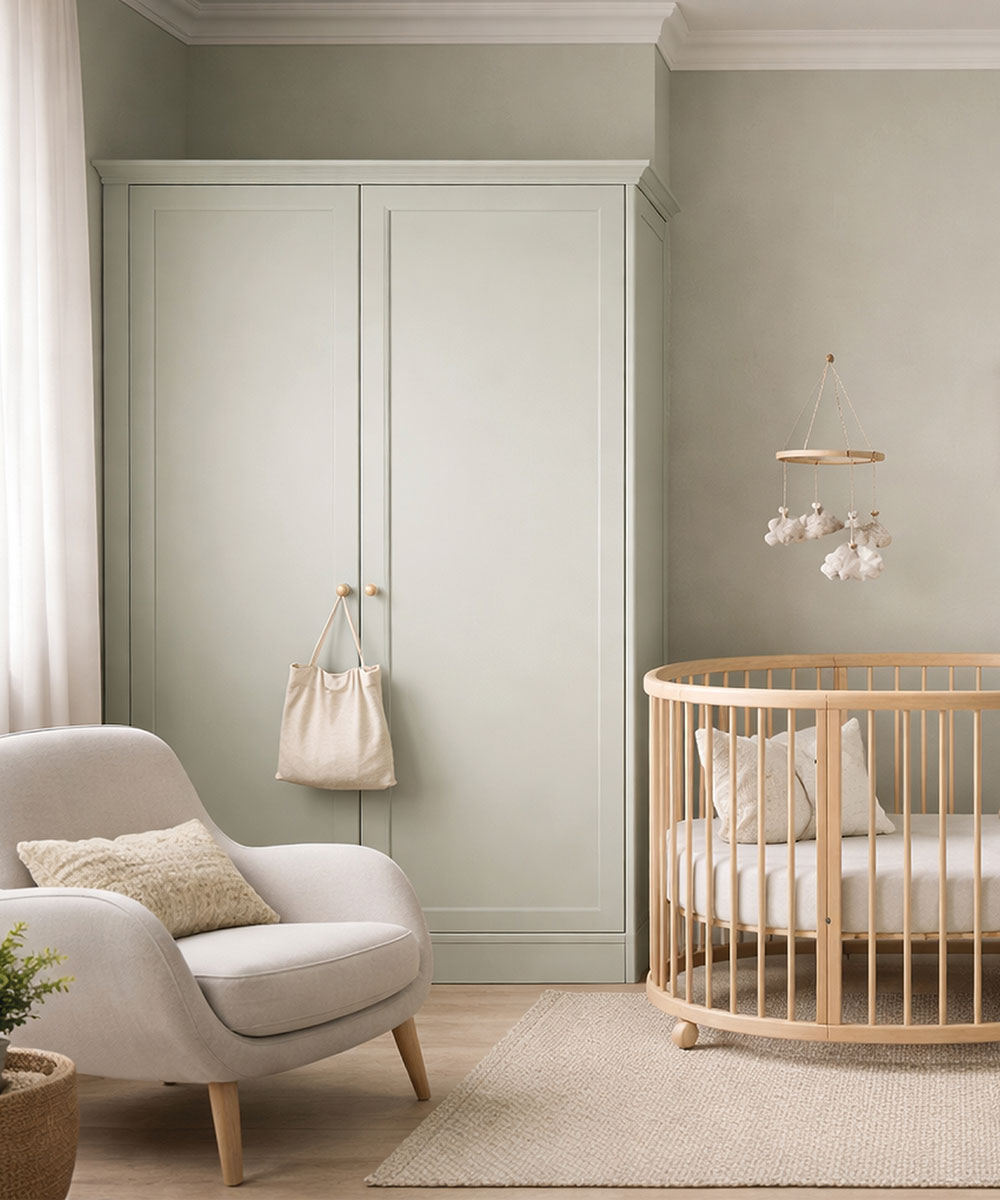 Helles Kinderzimmer mit rundem Babybett und weiß lackierten Einbauschränken in sanftem Graugrün