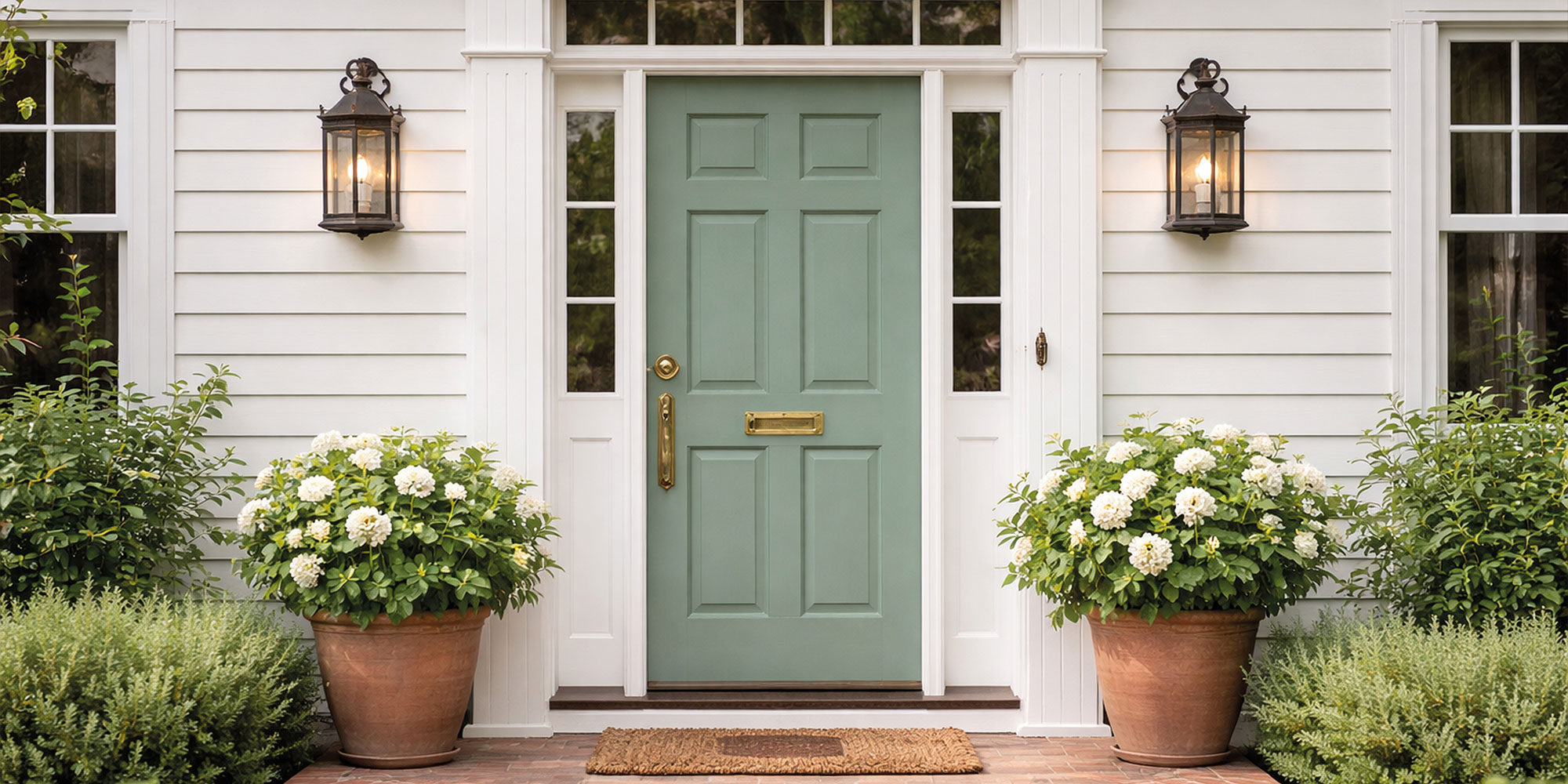 Grüne Haustür in Rundbogenform mit zwei Pflanzkübeln vor heller Fassade