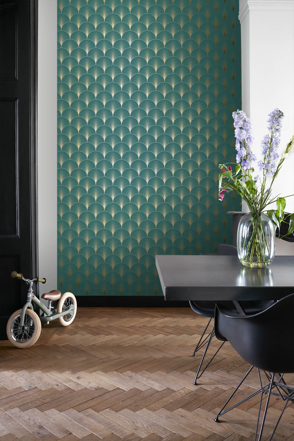 Tapete mit geometrischen Bögen Art Deco petrol Vlies 139230
