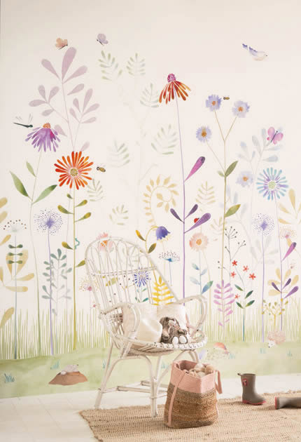 Wandbild 3,10 x 2,00 m Blumenwiese Wildblumen Schmetterlinge Igel pastellfarben