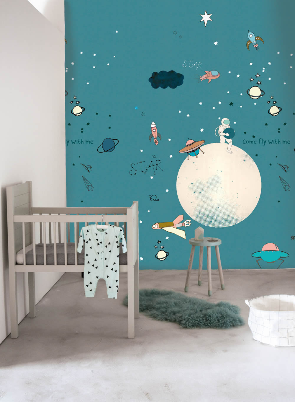 Wandbild Raumschiffe Planeten Astronaut Weltall Petrolblau 557442