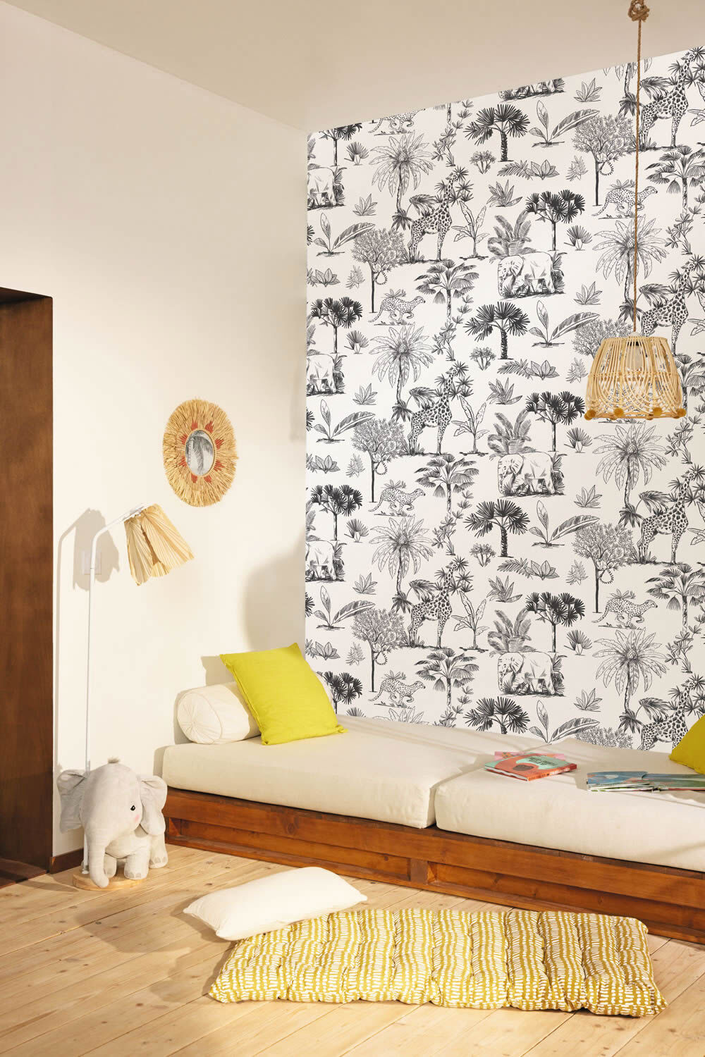 Black and white wallpaper non woven safari animals trees leaves drawn Les Minis Mondes Caselio MNM105739090