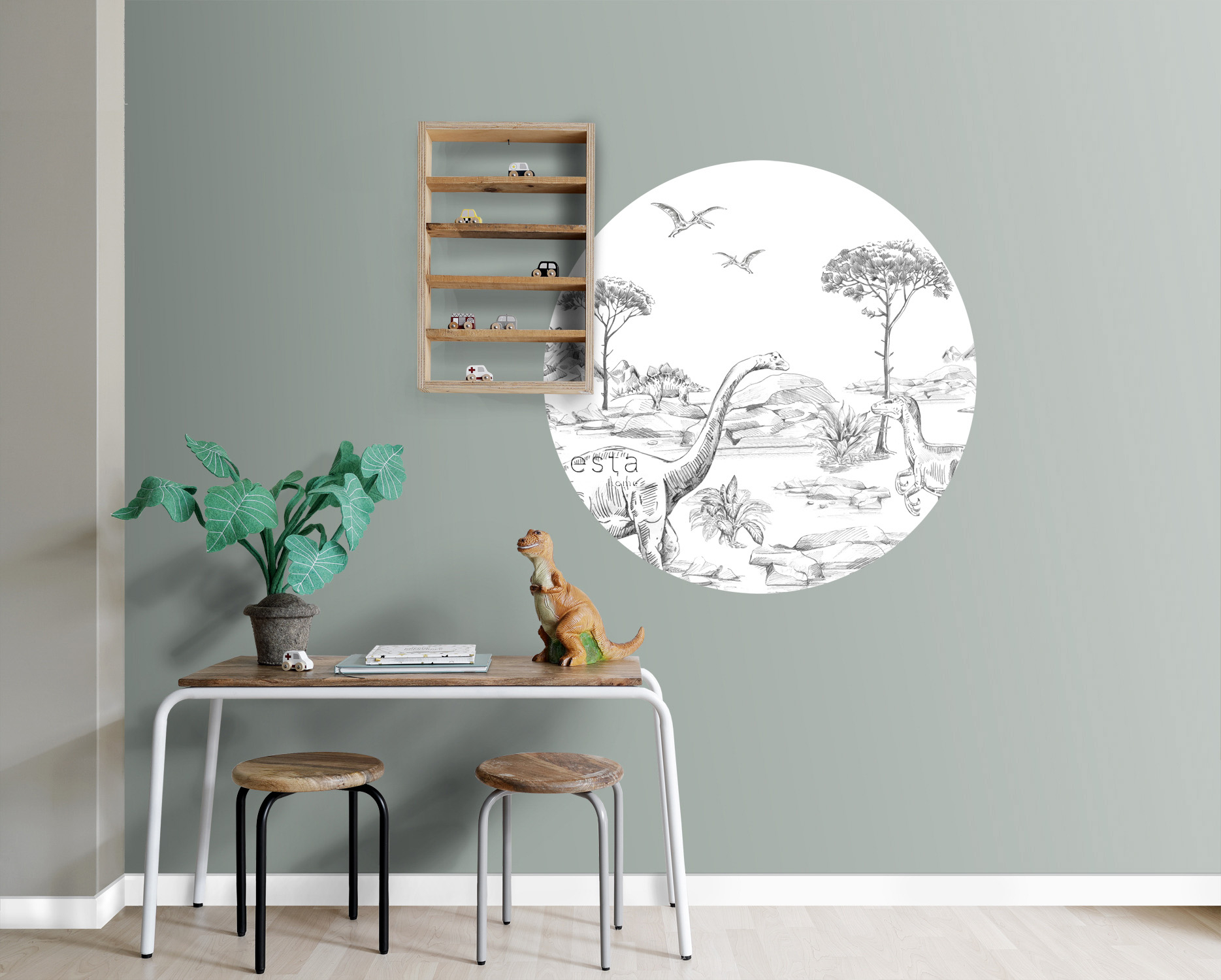 Dino Wandbild schwarz weiß rund 70 cm Vlies 159073