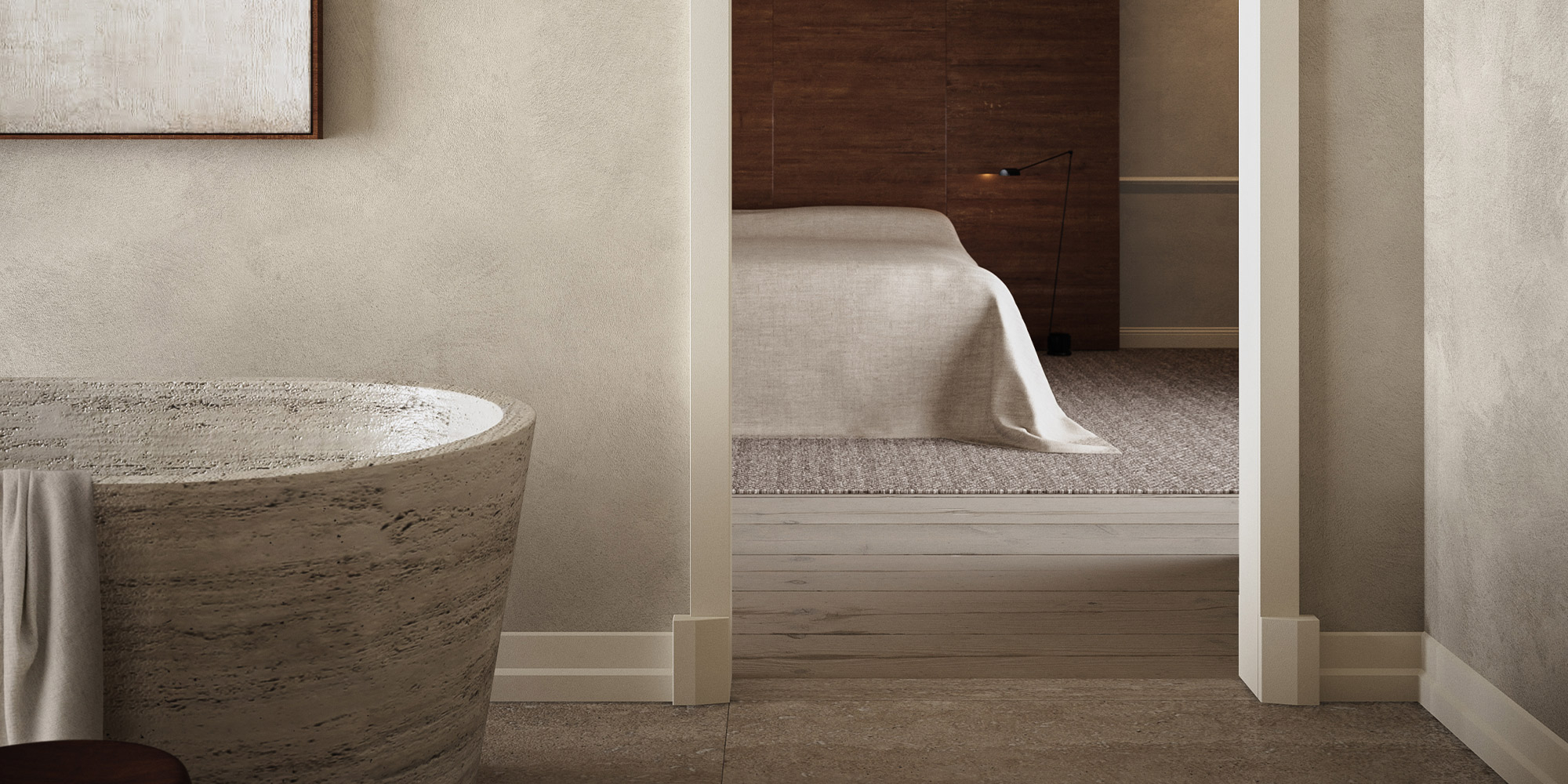 Exklusive Badezimmergestaltung mit einer geradlinigen Türumrandung aus Stuck.