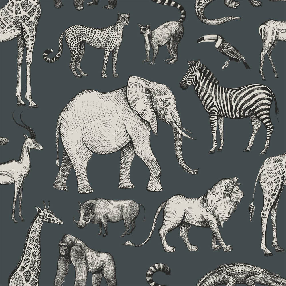 Giraffen Zebras Affen Vliestapete dunkelblau und grau Woodland Rasch Textil 039272