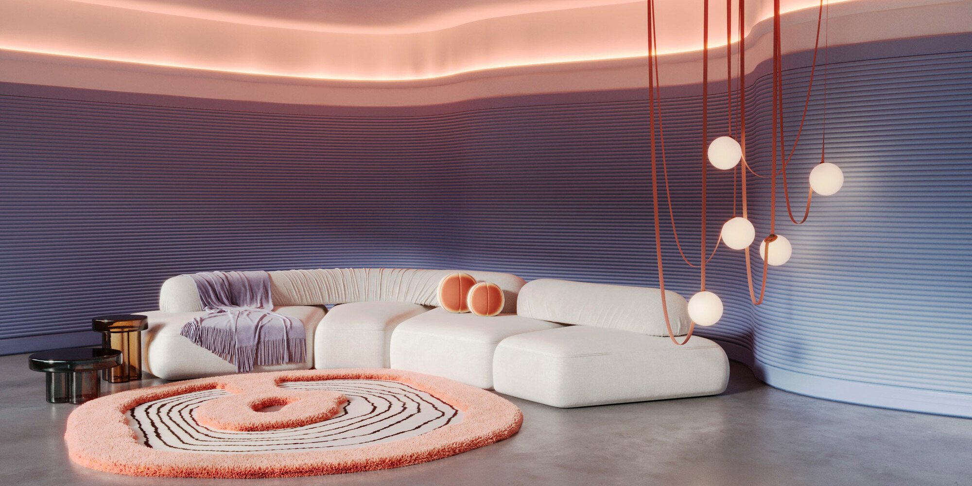 Ein modernes Wohnzimmer mit Designermöbeln und einer Wandgestaltung aus Wandpaneelen.