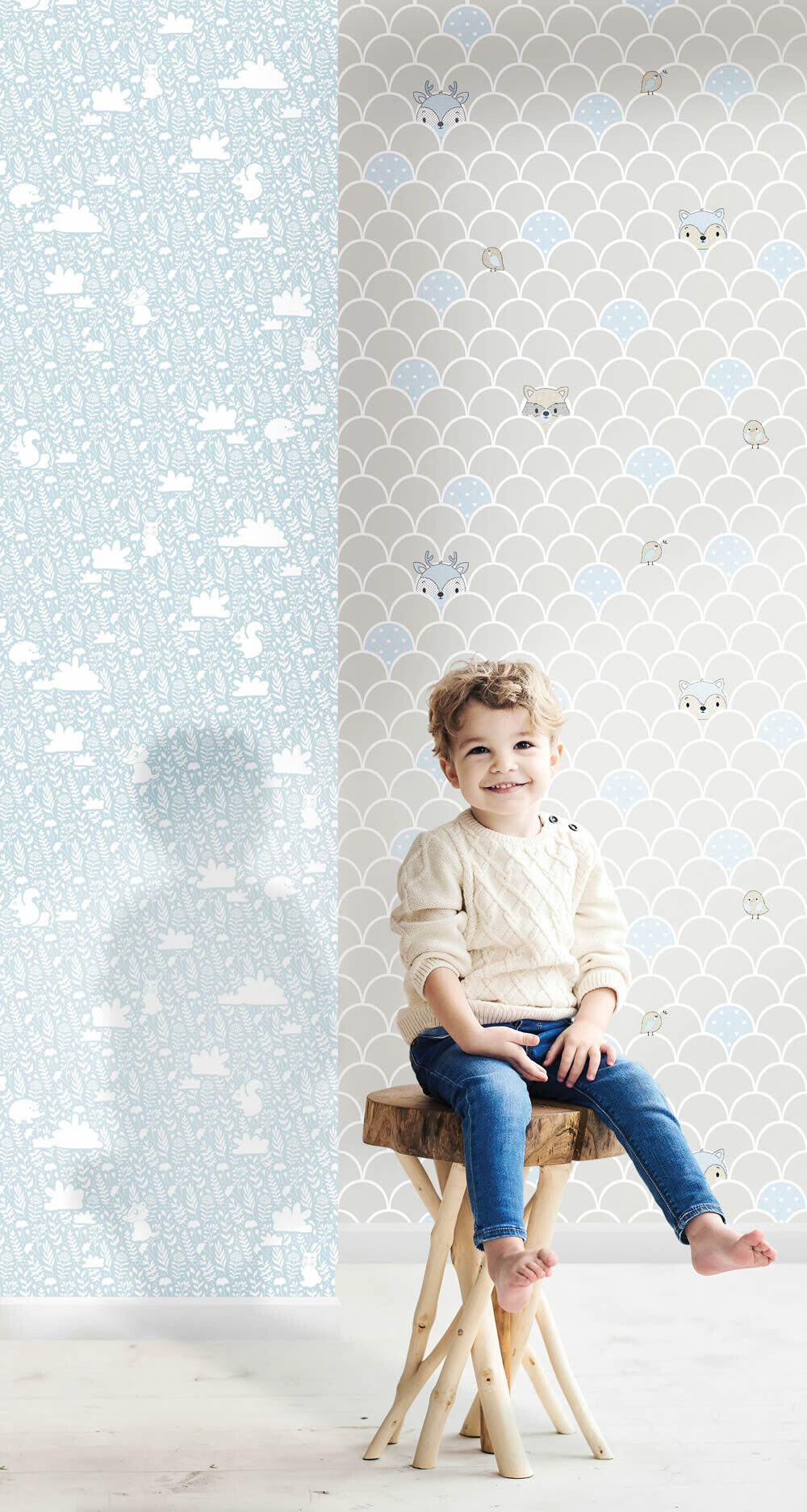 Halbkreise und Tiere Tapete grau und blau Mondobaby Rasch Textil 113017-23-113017.1M