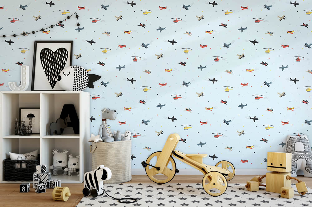 Hubschrauber Flugzeug Tapete hell blau und bunt Kids Walls Marburg 45817