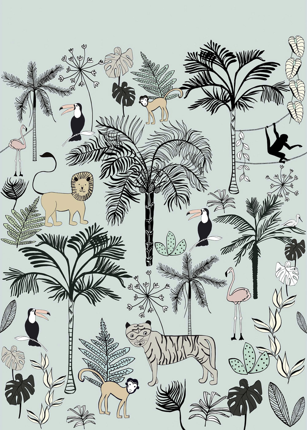 Wandbild Löwen Tiger Affen Jungletiere Urwald Hellblau 842197