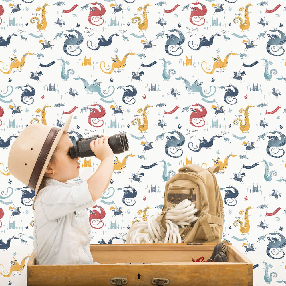 Fairytale dragons non-woven wallpaper white and colorful Tiny Tots 2 Essener G78369-28-G78369.1M