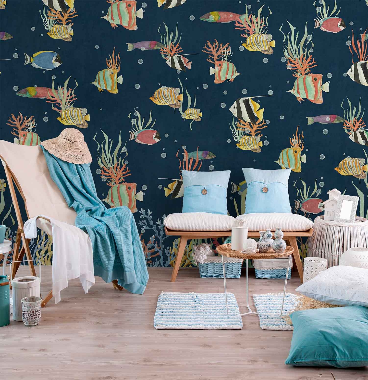 Wandbild Unterwasser tropische Fische Korallen blau