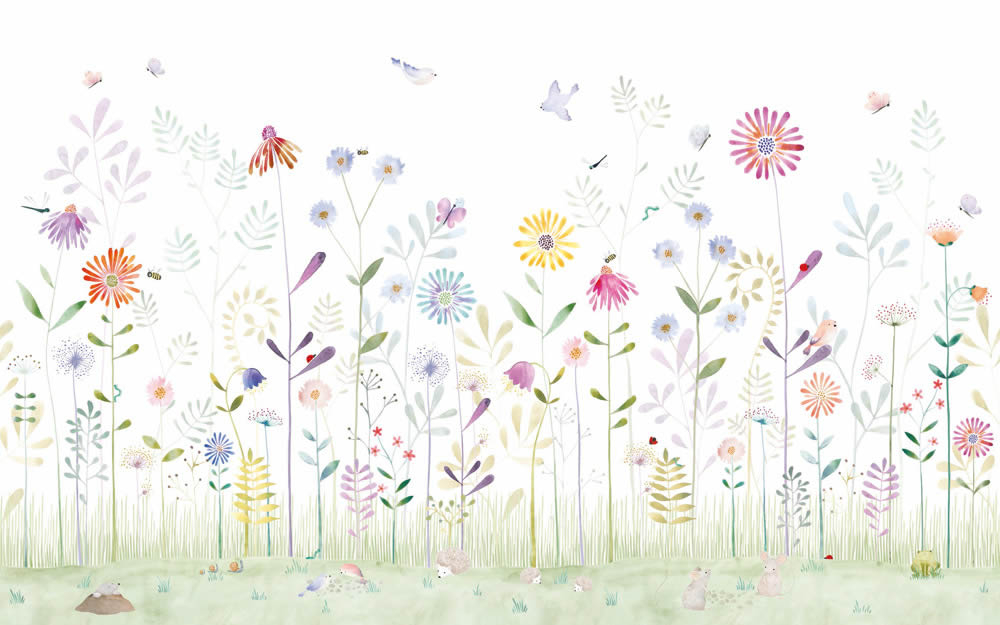 Wandbild 4,00 x 2,50 m Blumenwiese Schmetterlinge pastellfarben