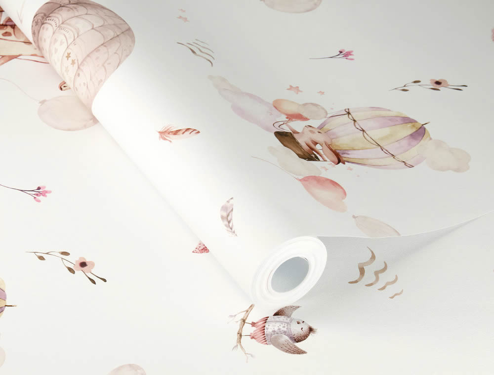 Vliestapete pastellfarbene Heißluftballons Giraffe Hase Beige Rosa 300529_L
