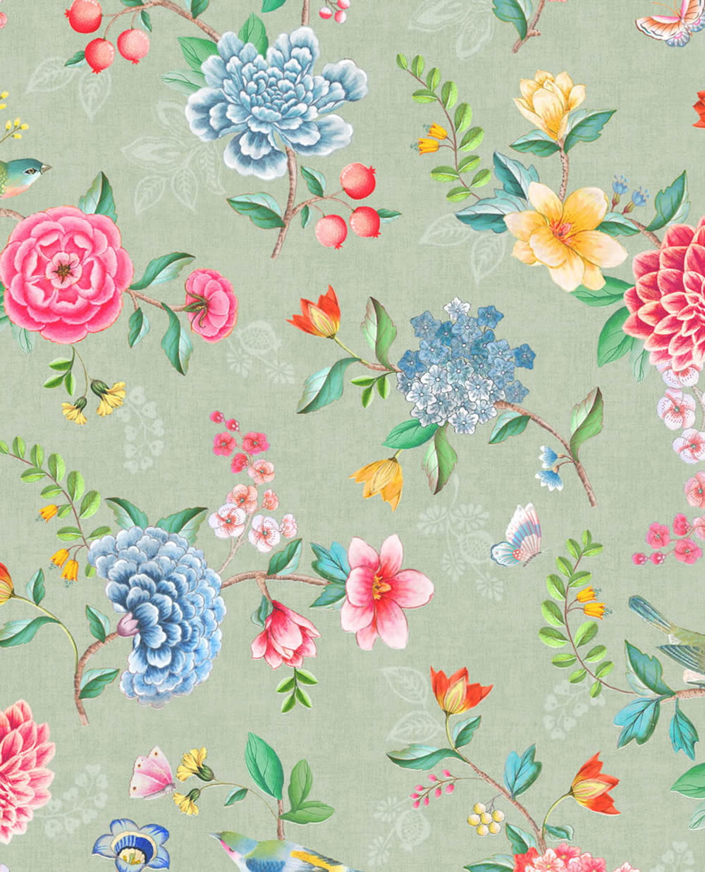 Non-woven wallpaper lime green colorful flowers Pip Studio 5 300103-55-300103