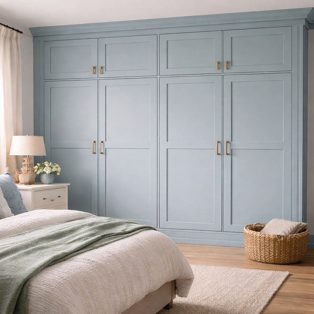 Hellblau gestrichene Küchenfronten mit Metallgriffen, davor Korb mit gefalteten Handtüchern