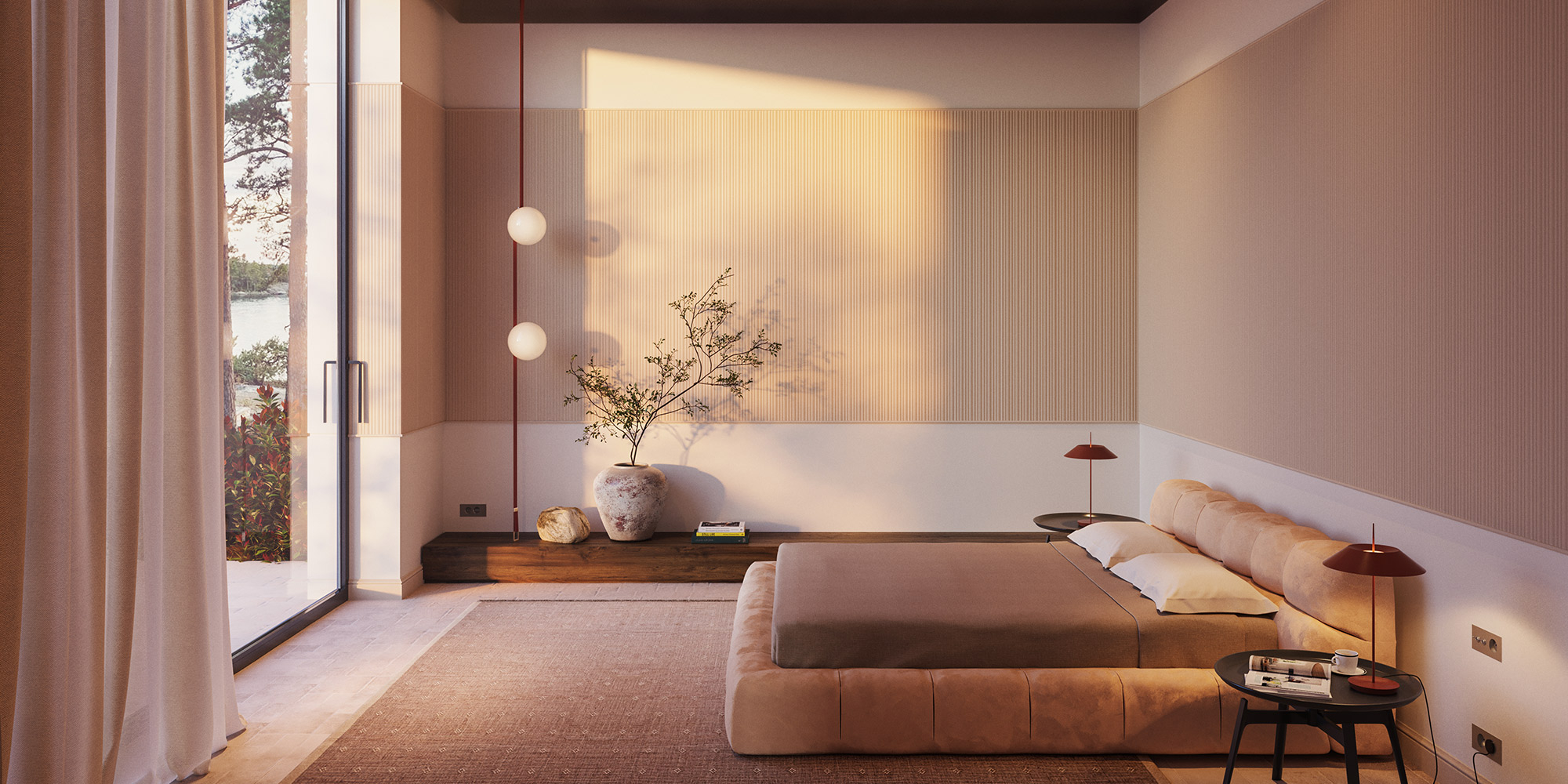 Zentriert auf den Wänden montierte Wandpaneele für einen besonderen Designerlook im Schlafzimmer.