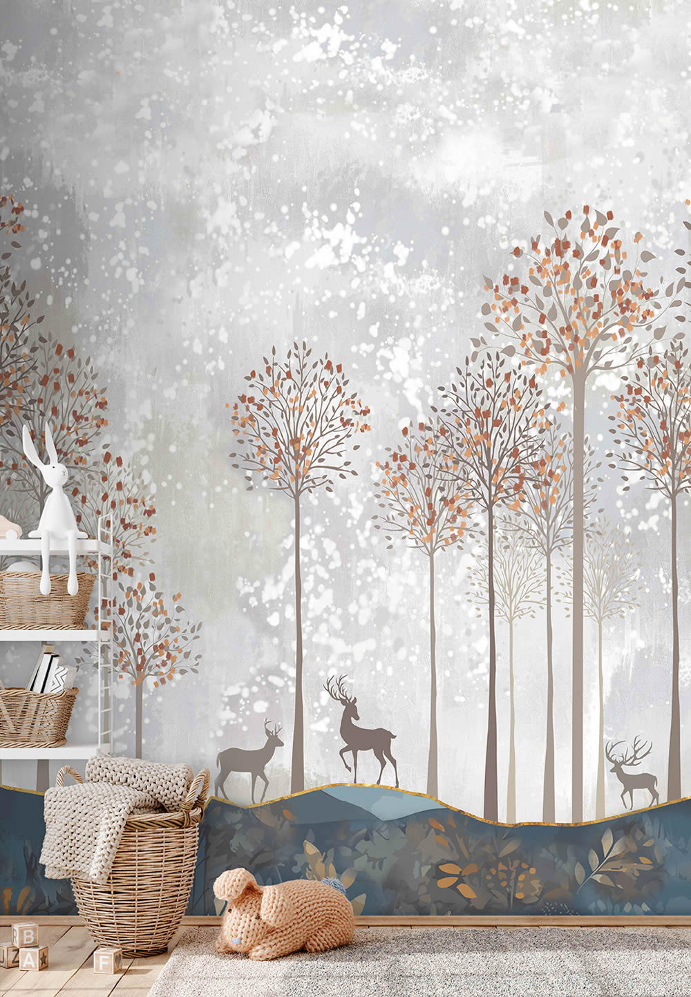 Wandbild Vlies Märchenhafter Wald Bäume und Hirsche Herbst blau CW6047-1-62-CW6047-1