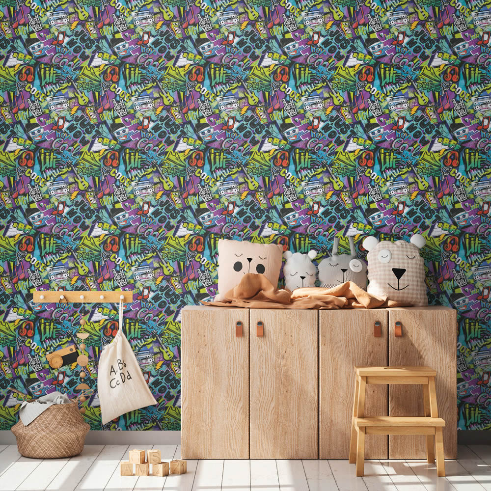 Mustertapete Vlies Graffiti farbenfroh bunt lila blau gelb 771421-8-771421
