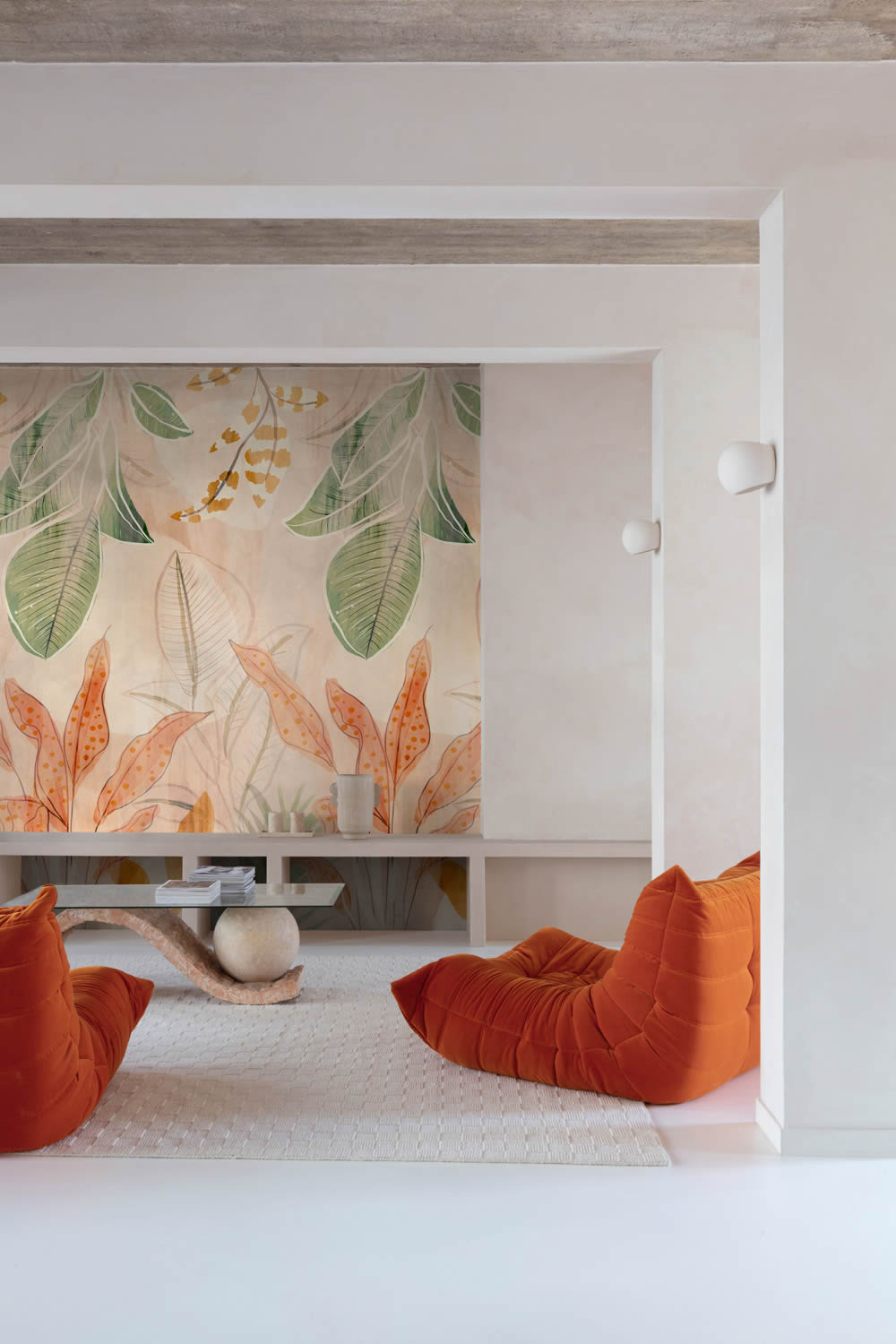 Wandbild 1,59 x 2,80 m große Blätter pastell orange grün lachs A60701