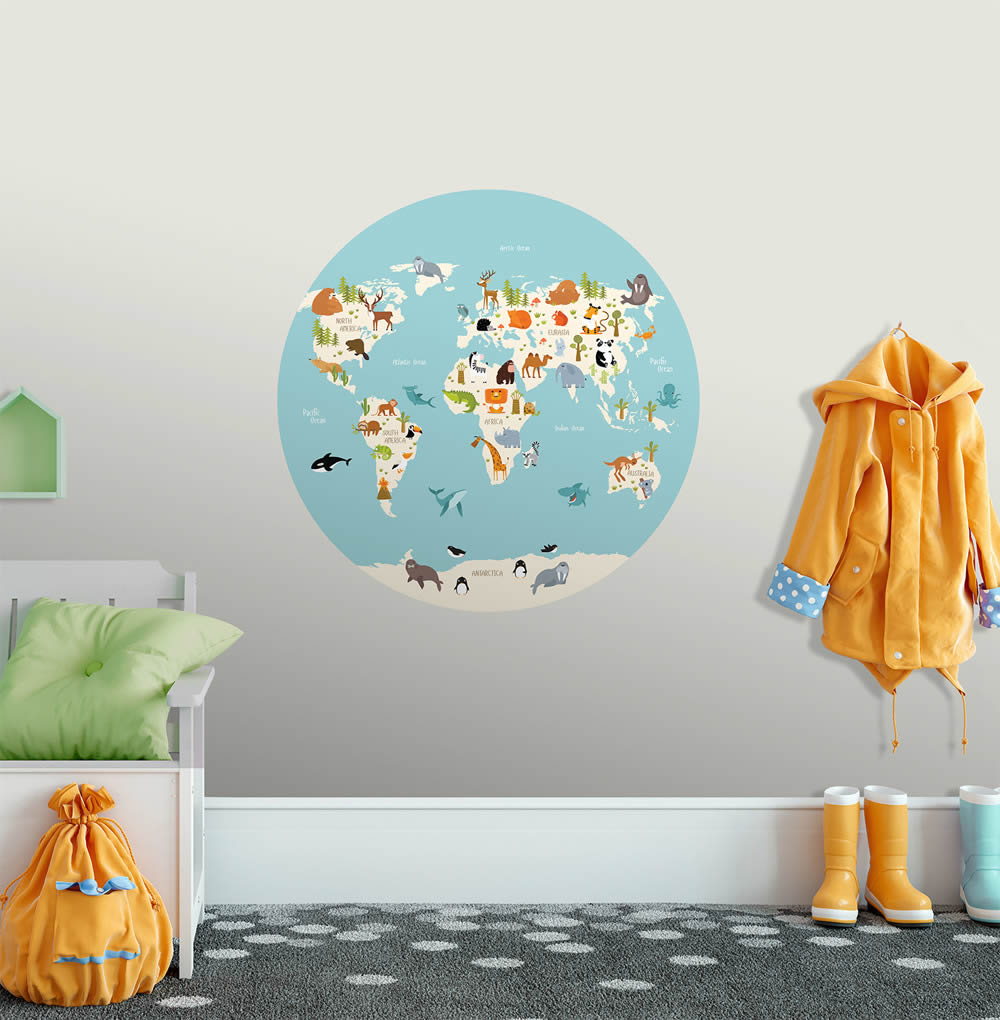 Wandbild Kinderweltkarte vorgekleistert mint 100 x 100 cm