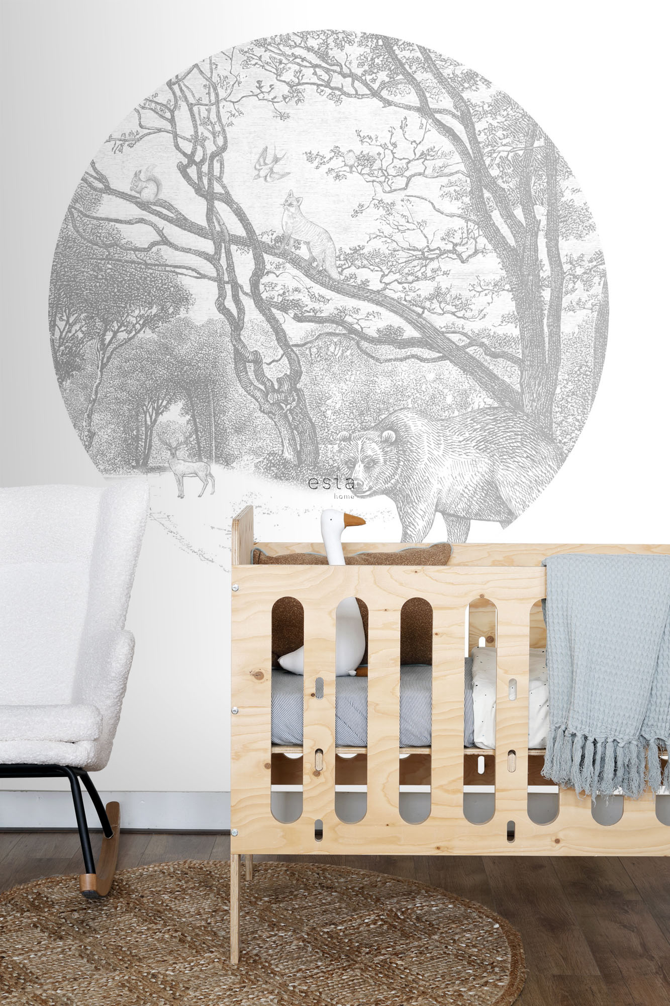 Wandbild Wald Tiere rund grau 140 cm Vlies 159083