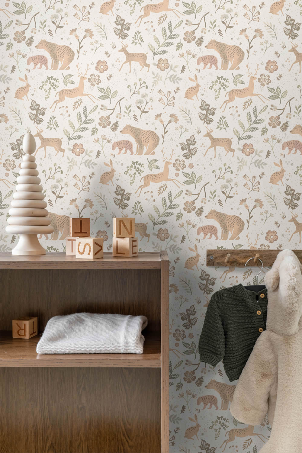 Wald Tiere Tapete Bären Rehe Vlies erdfarben 139525