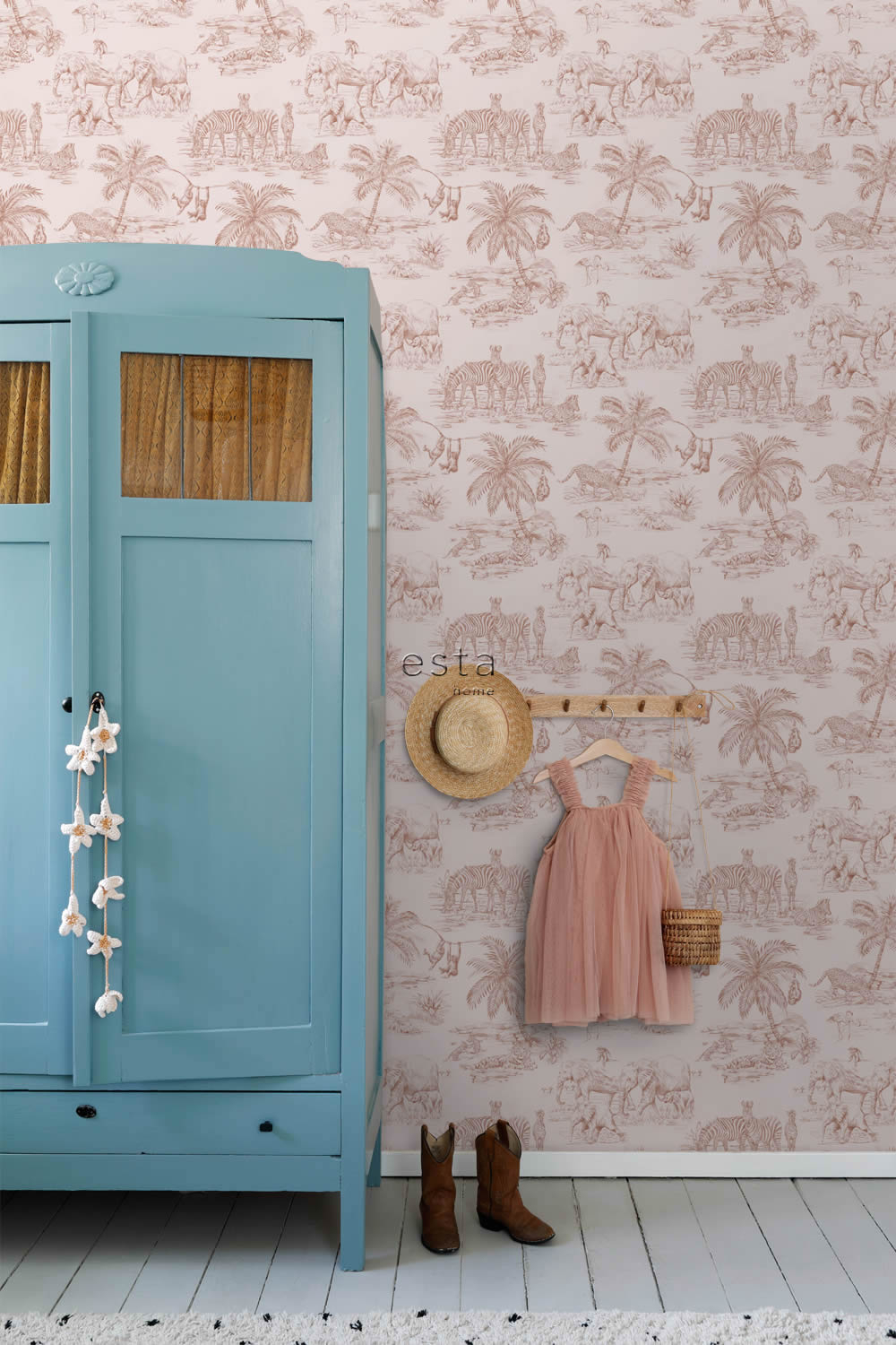 Tapete Tiere Dschungel Afrika gezeichnet Vlies rosa 139348