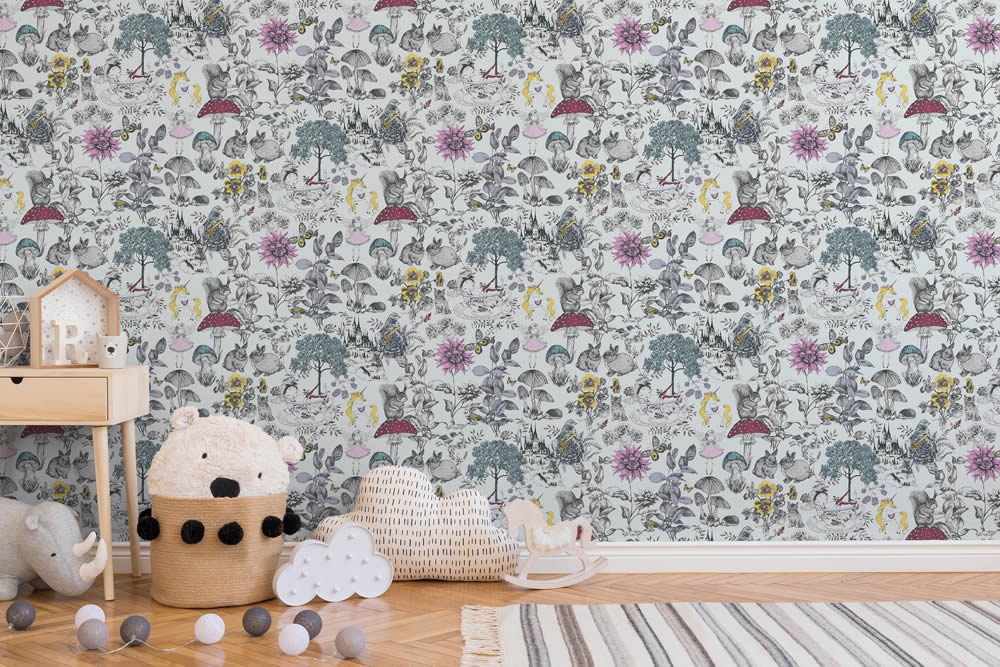 Gray and colorful non-woven wallpaper animals and flowers Little Love AS Creation 381201-8-381201.1M
