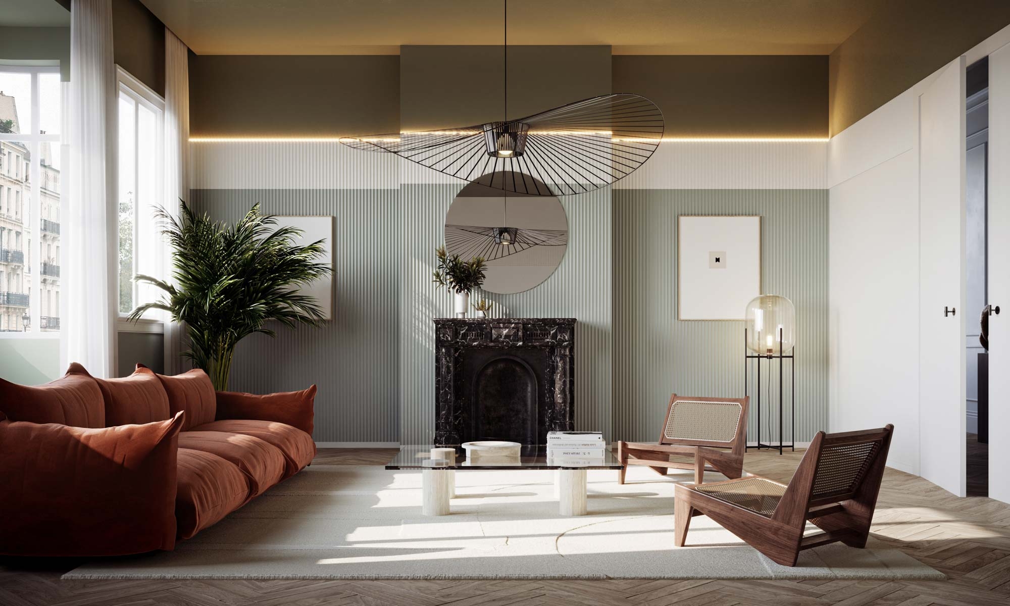 Living room design with linear wall panels and light strips.